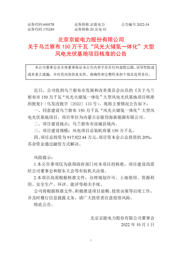 京能電力150萬千瓦“風(fēng)光火儲(chǔ)氫”基地獲批！
