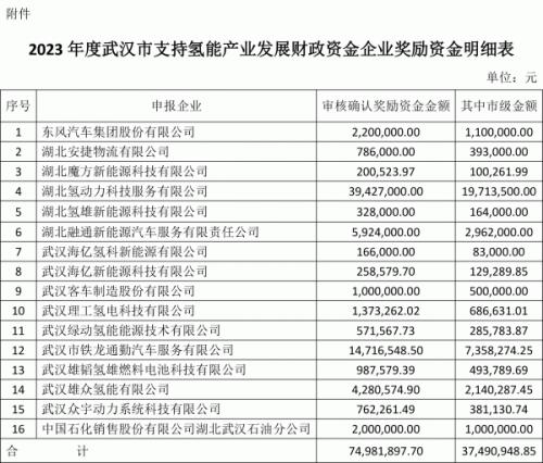 7500萬元 武漢公布氫能產(chǎn)業(yè)扶持資金結(jié)果